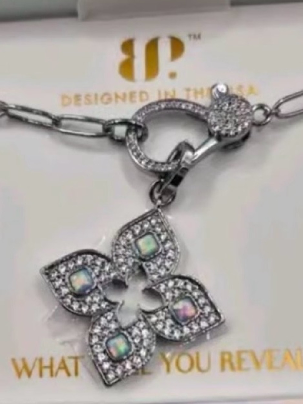Silver Crystal Floral Pendant Necklace with Opal Accents